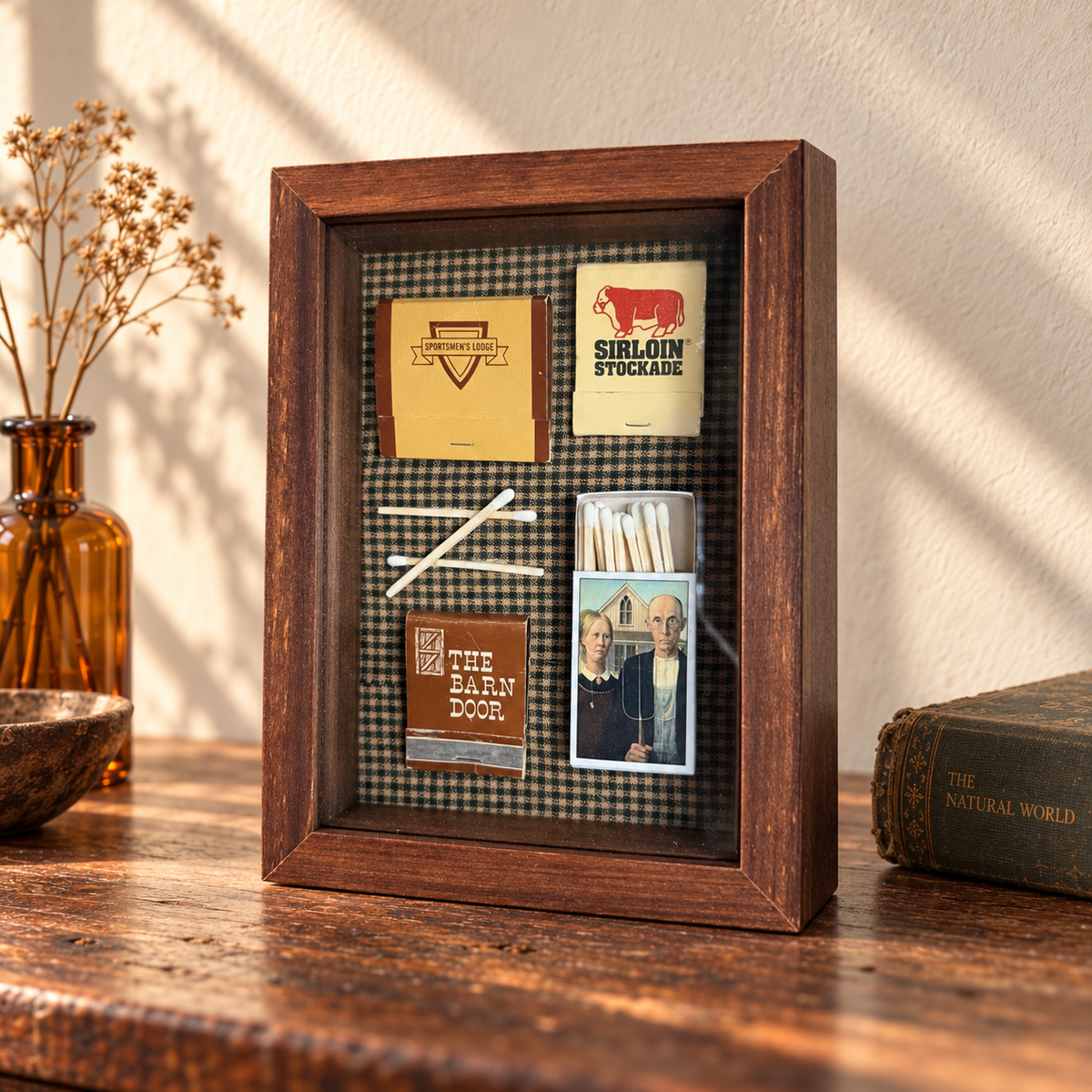 Vintage Matchbook Shadow Box | American Gothic Farmhouse Art | Rustic Restaurant Memorabilia