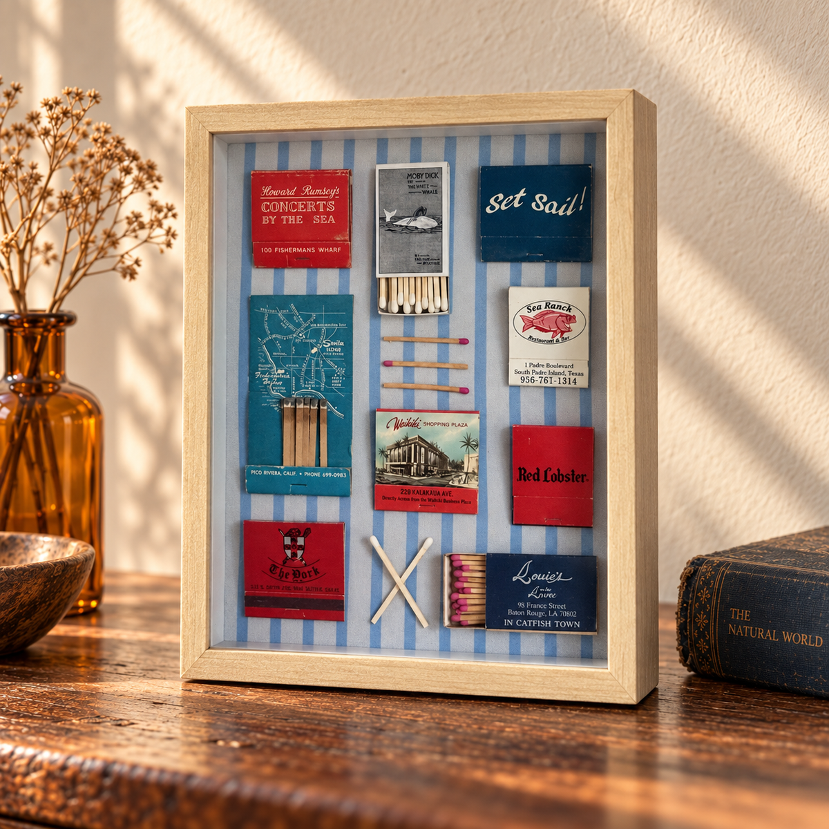 Nautical Vintage Matchbook Shadow Box | Moby Dick and Coastal Restaurant Wall Art | Maritime Home Décor