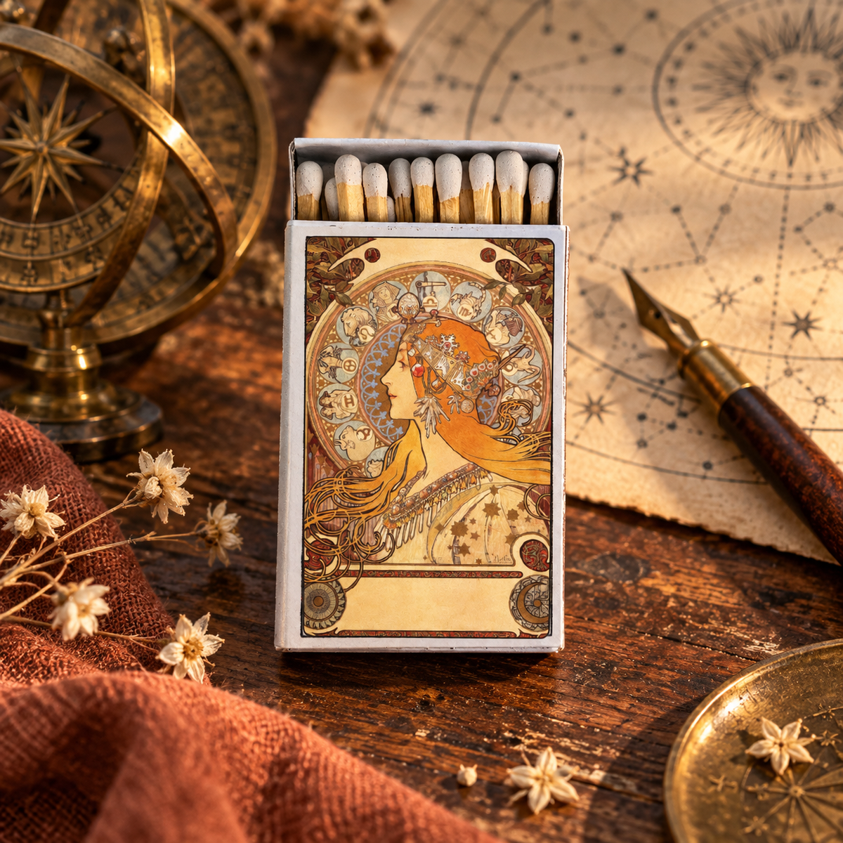 Mucha Zodiac Matchbox | Alphonse Mucha Art Matches | Decorative Matches for Candles & Incense | Art Nouveau Home Decor Gift