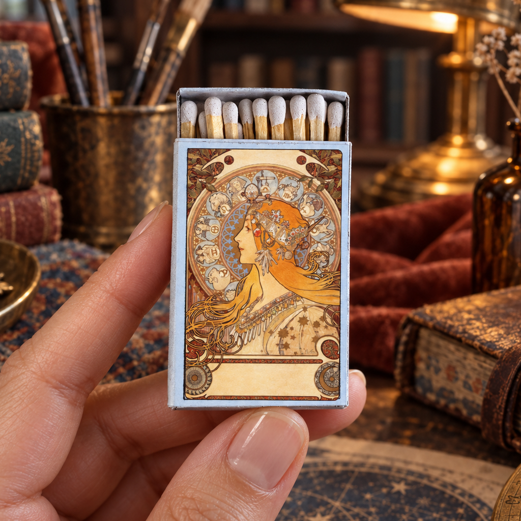 Mucha Zodiac Matchbox | Alphonse Mucha Art Matches | Decorative Matches for Candles & Incense | Art Nouveau Home Decor Gift