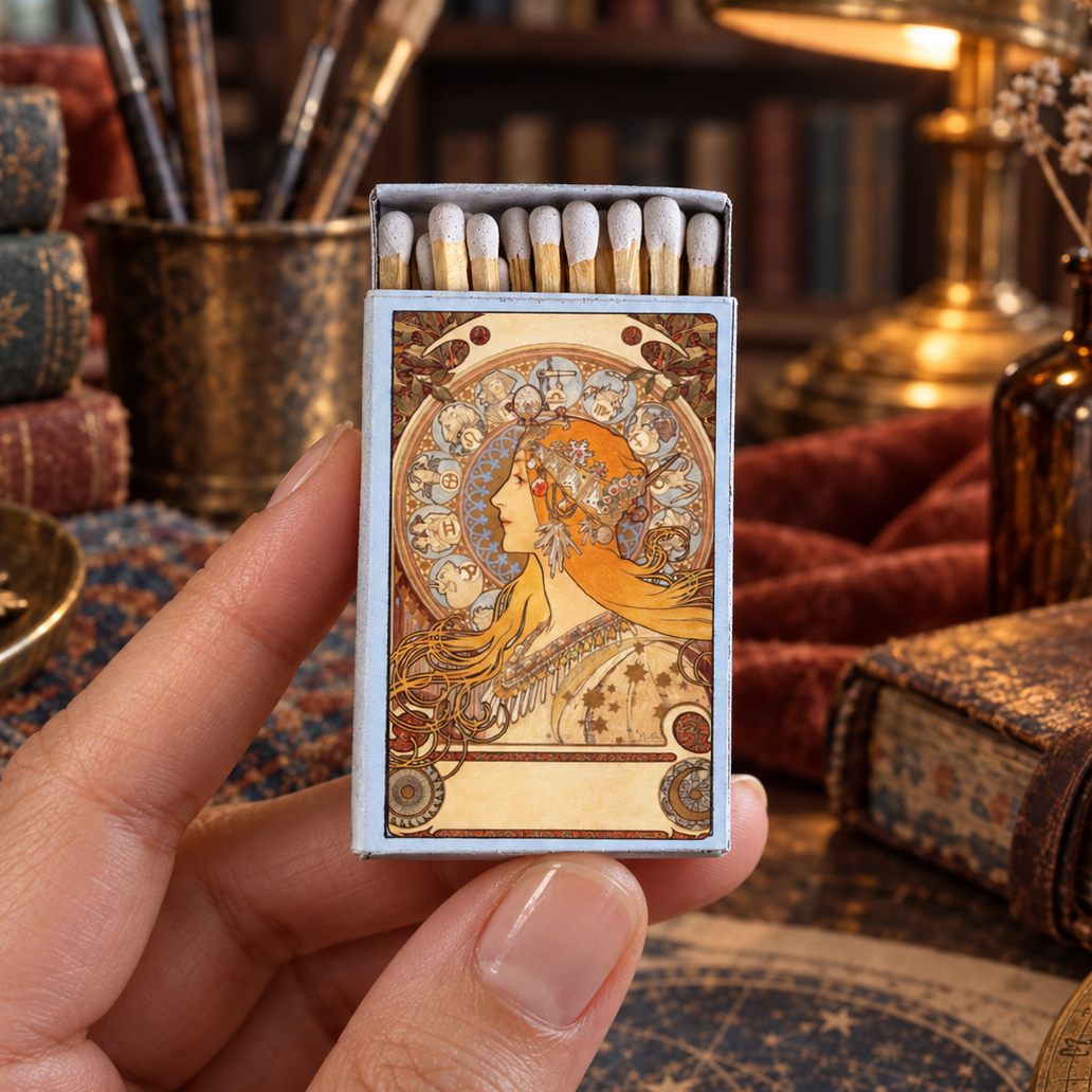 Mucha Zodiac Matchbox | Alphonse Mucha Art Matches | Decorative Matches for Candles & Incense | Art Nouveau Home Decor Gift