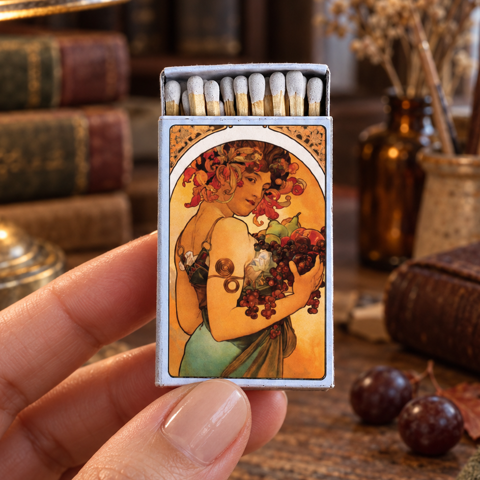 Mucha Fruit Matchbox | Alphonse Mucha Art Matches | Decorative Matches for Candles & Incense | Art Nouveau Home Decor Gift