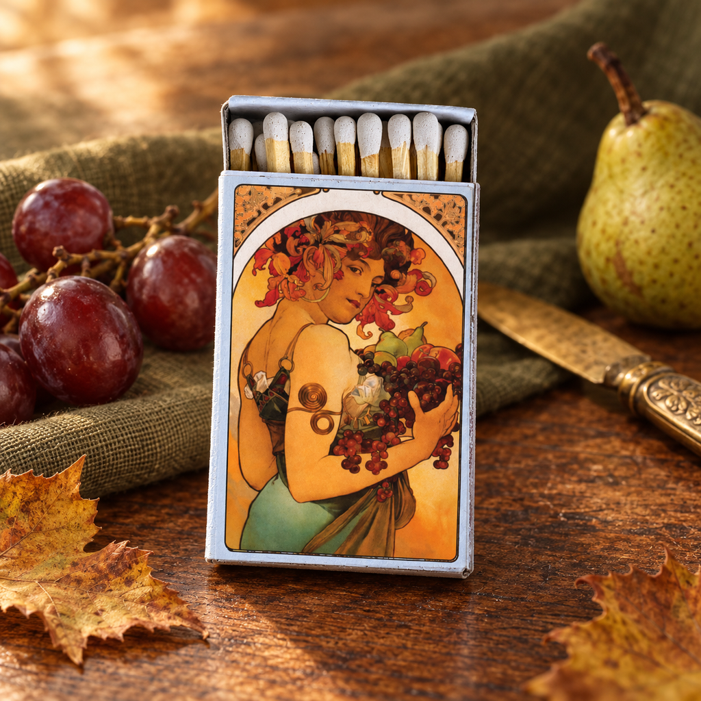 Mucha Fruit Matchbox | Alphonse Mucha Art Matches | Decorative Matches for Candles & Incense | Art Nouveau Home Decor Gift