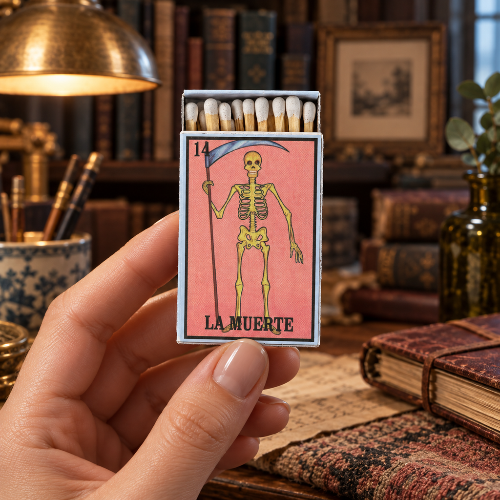 Loteria La Muerte Matchbox | Decorative Matches for Candles & Incense | Gothic Mexican Folk Art Home Decor | Unique Gift
