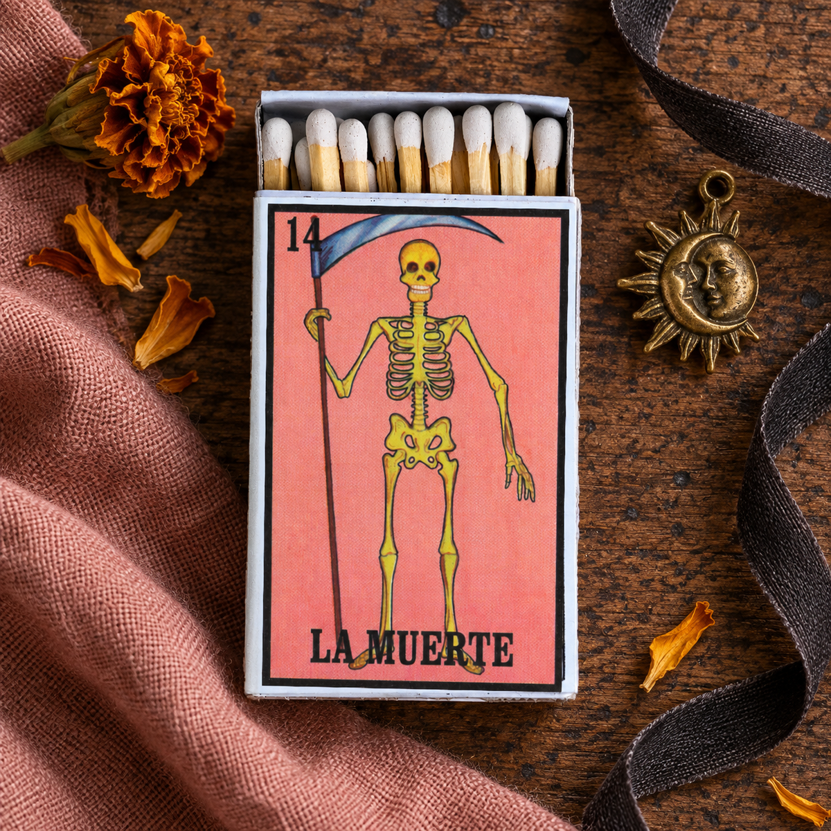 Loteria La Muerte Matchbox | Decorative Matches for Candles & Incense | Gothic Mexican Folk Art Home Decor | Unique Gift