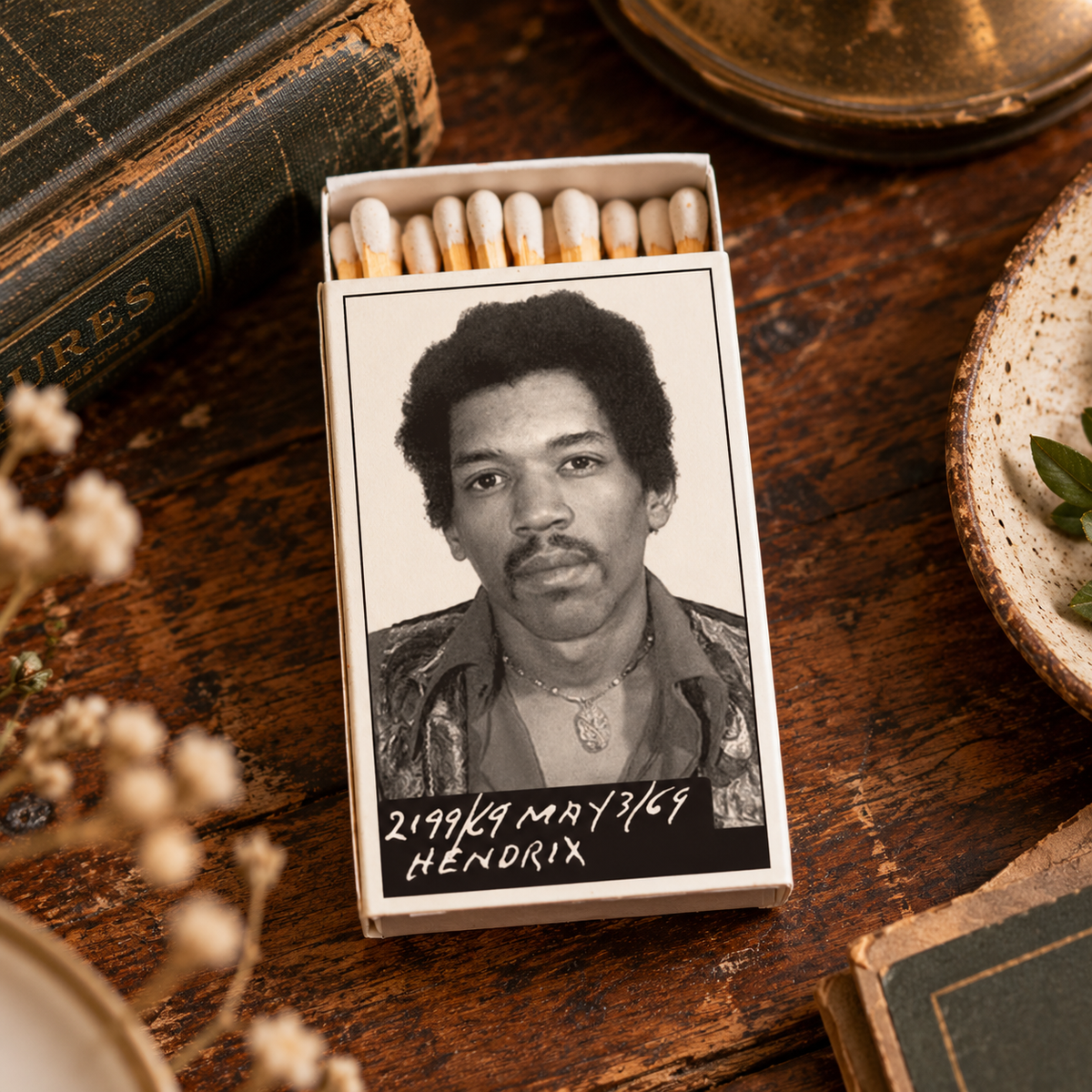 Psychedelic Rock Legend Mug Shot Matchbox | Decorative Matches for Candles & Incense | Retro Music Home Decor