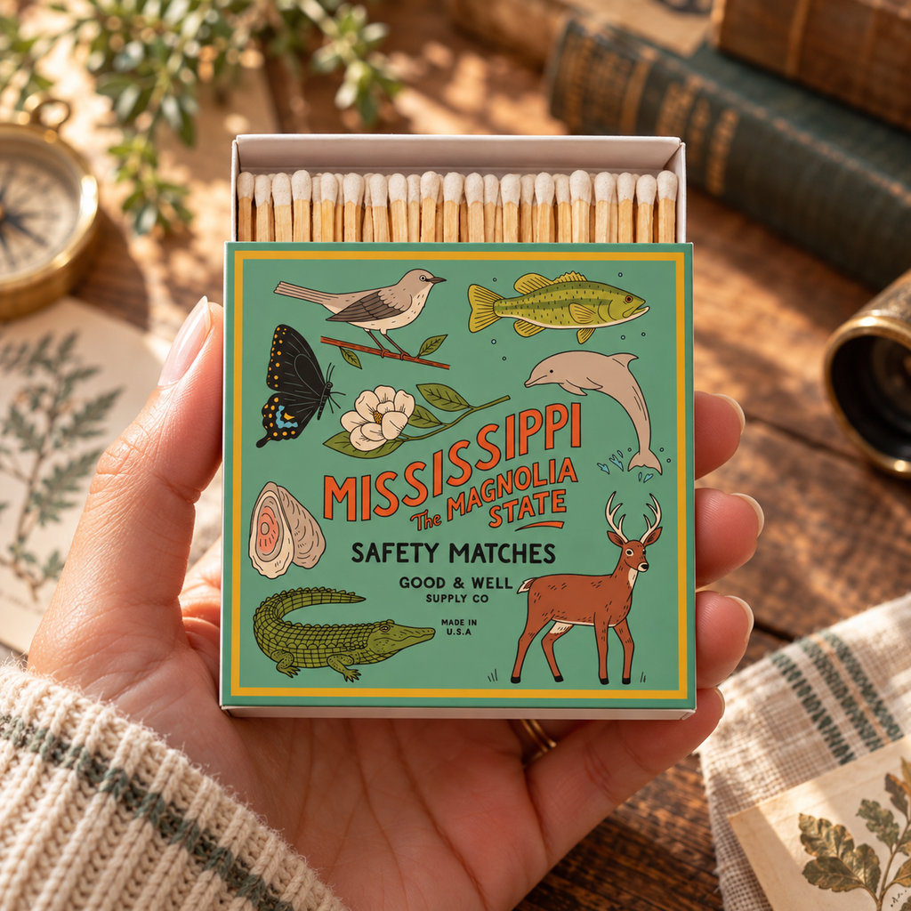 Mississippi State Safety Matches | Illustrated State Matchbox | Magnolia State Gift | Candle Matches | Made in USA