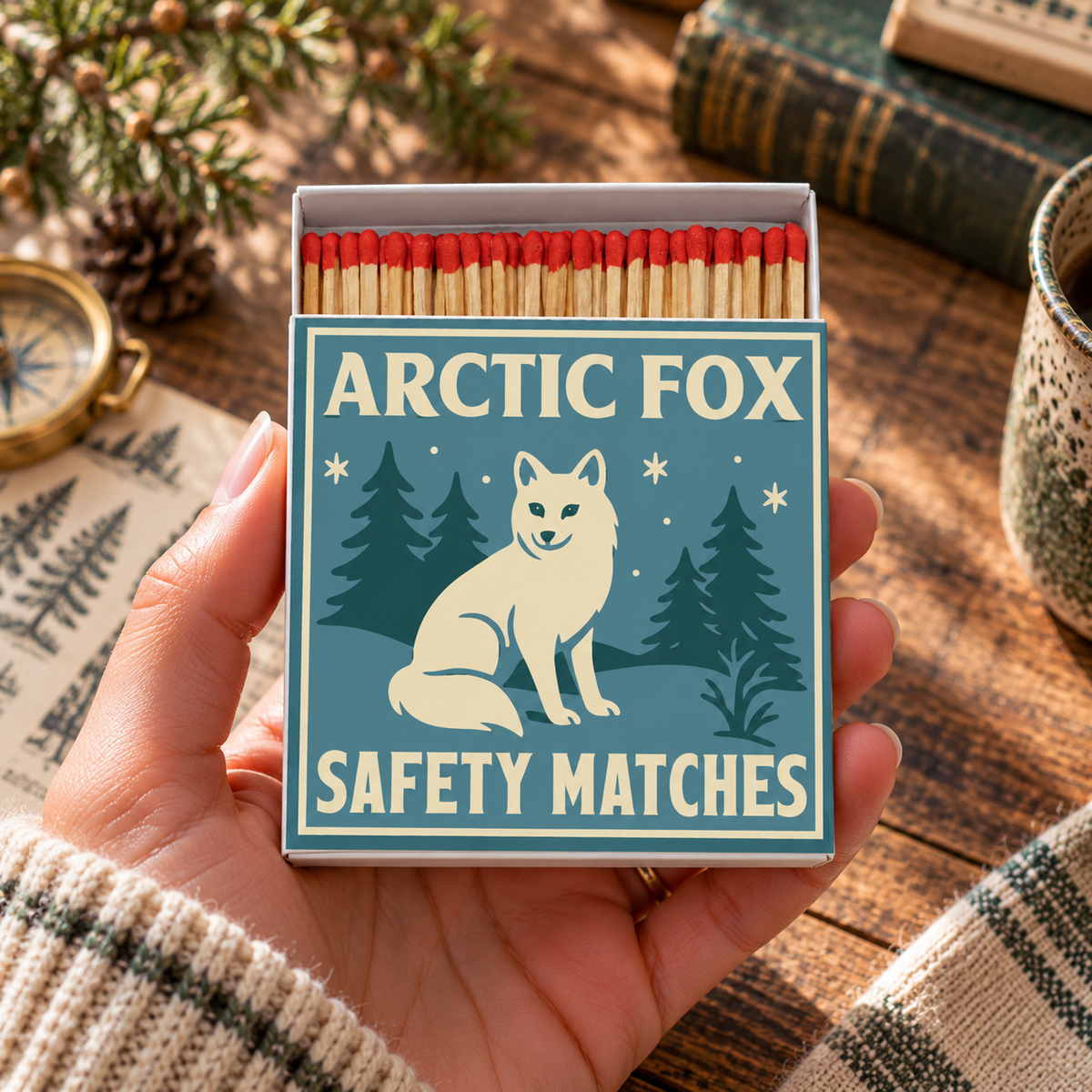 Arctic Fox Safety Matches | Camp Critters Matchbox | Winter Woodland Decor | Candle Matches | Made in USA