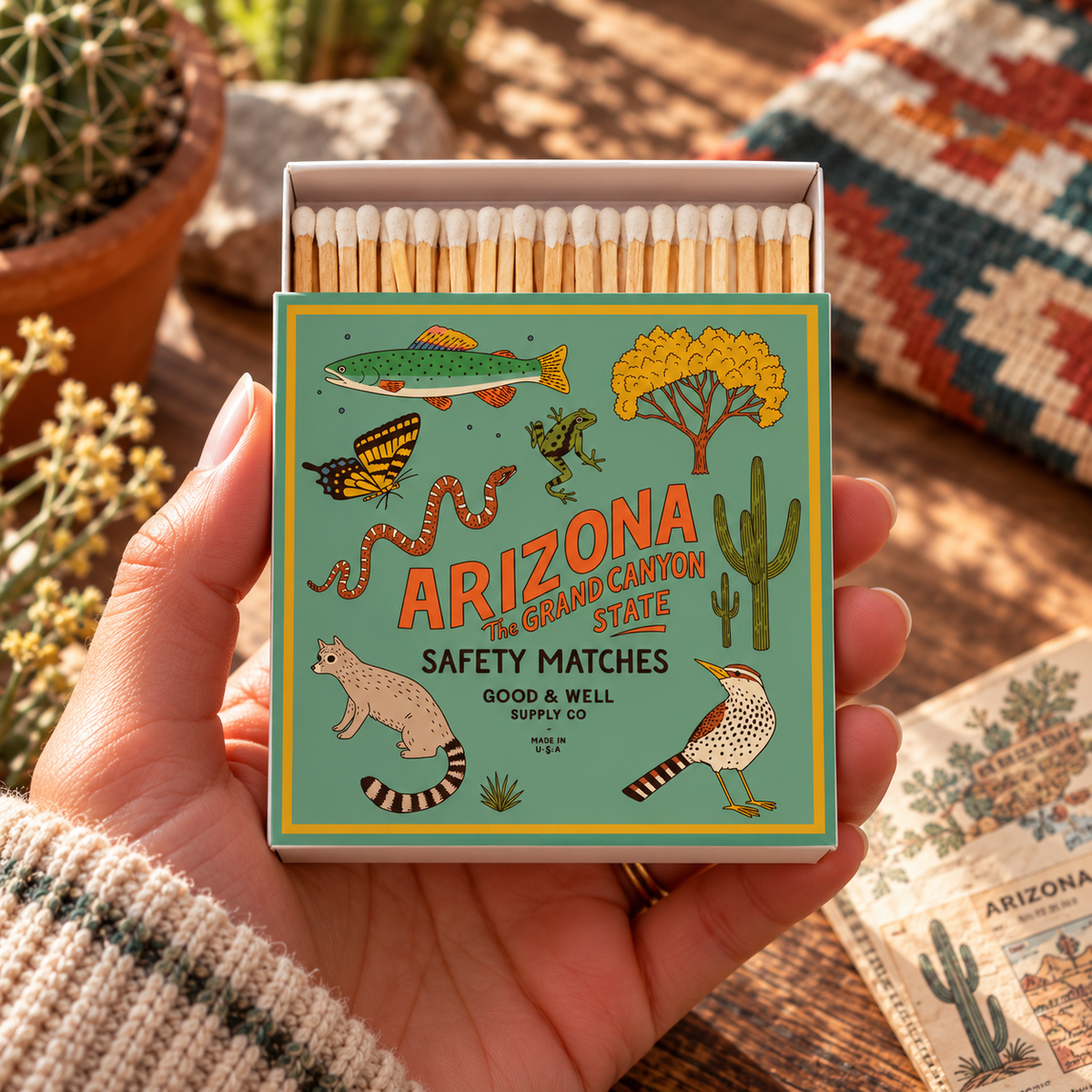 Arizona State Safety Matches | Illustrated State Matchbox | Southwest Desert Gift | Candle Matches | Made in USA