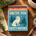 A box of safety matches labeled 'ARCTIC FOX SAFETY MATCHES' sits on a rustic wooden surface surrounded by evergreen branches, an old book, a ceramic mug, and a plaid blanket. The box features a blue background with a white arctic fox illustration.