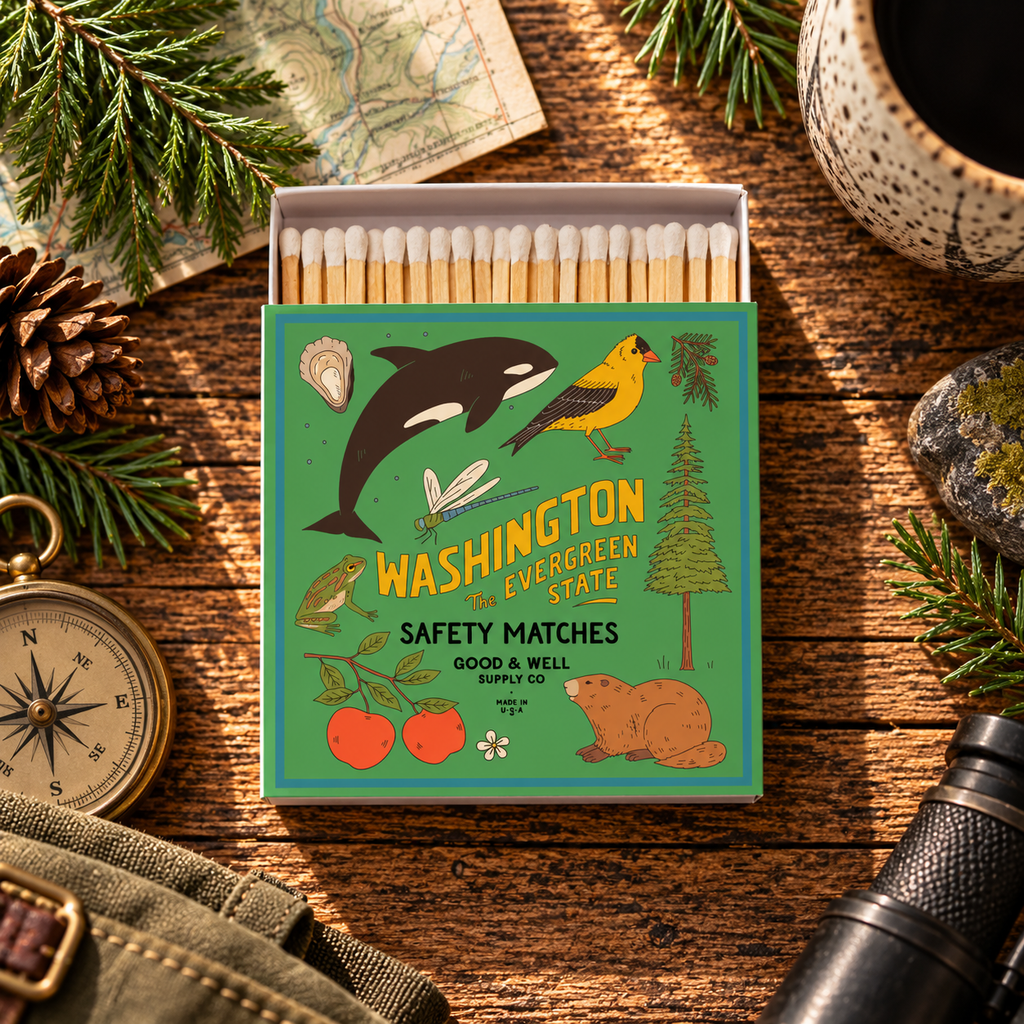 Washington State Safety Matches | Illustrated State Matchbox | Pacific Northwest Gift | Candle Matches | Made in USA