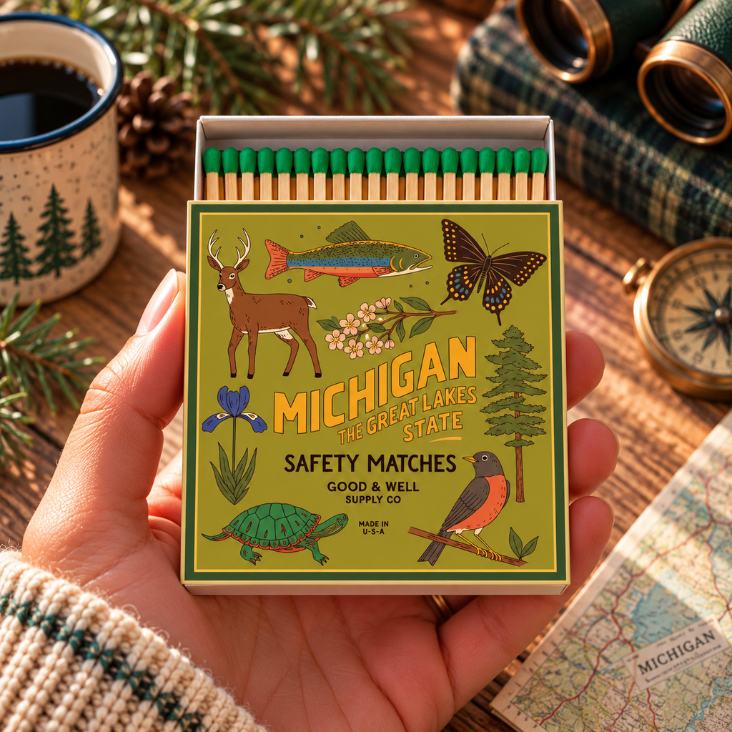 Michigan State Safety Matches | Illustrated State Matchbox | Great Lakes Gift | Candle Matches | Made in USA