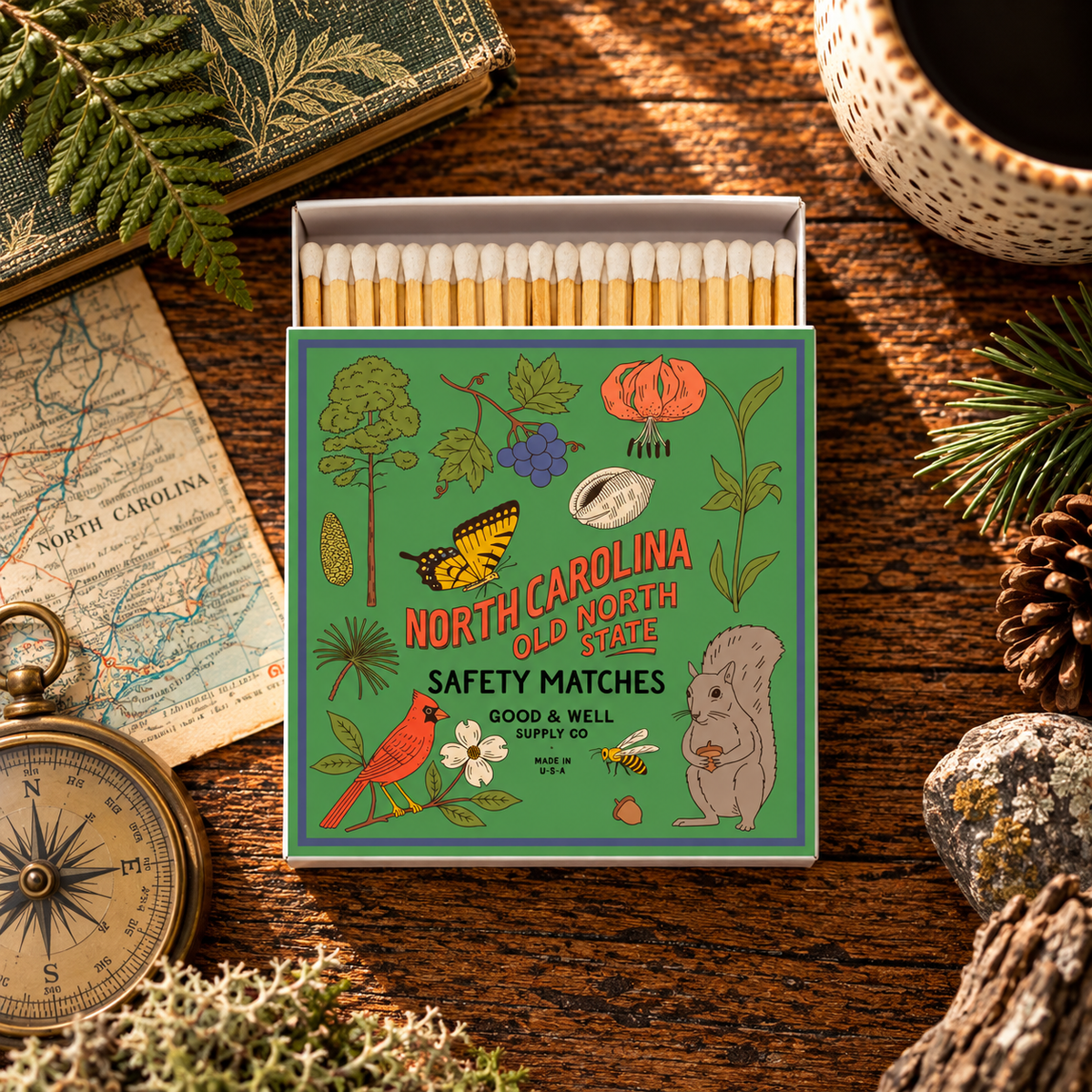 North Carolina State Safety Matches | Illustrated State Matchbox | Tar Heel State Gift | Candle Matches | Made in USA