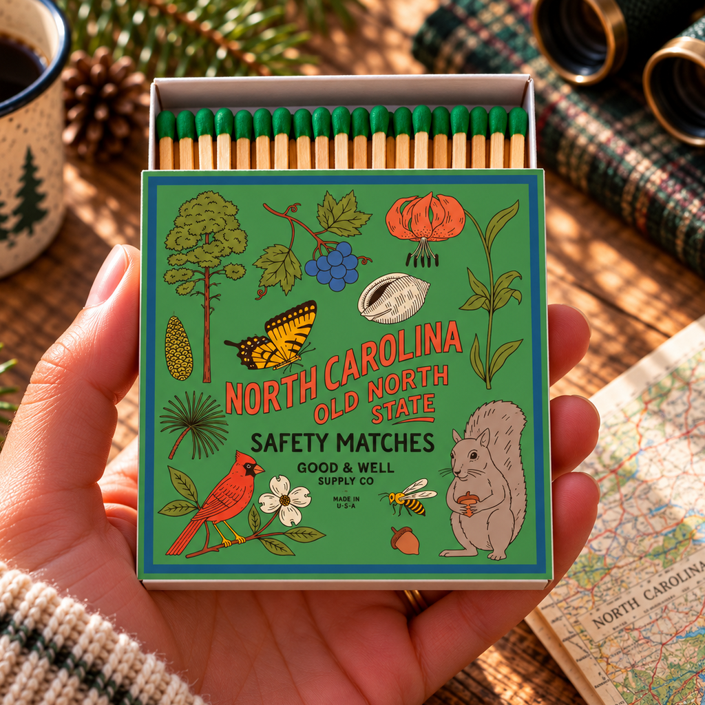 A hand holds a box of North Carolina safety matches. The matchbox cover is decorated with colorful illustrations of North Carolina nature elements, including a cardinal, squirrel, butterfly, and pinecone, with the text 'NORTH CAROLINA OLD NORTH STATE SAFETY MATCHES' and 'GOOD & WELL MATCH CO.