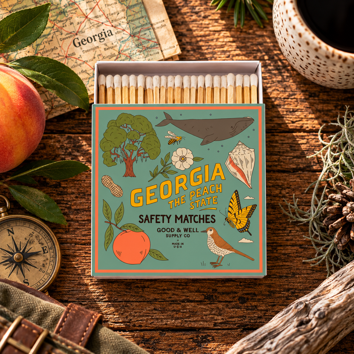 Georgia State Safety Matches | Illustrated State Matchbox | Peach State Gift | Candle Matches | Made in USA