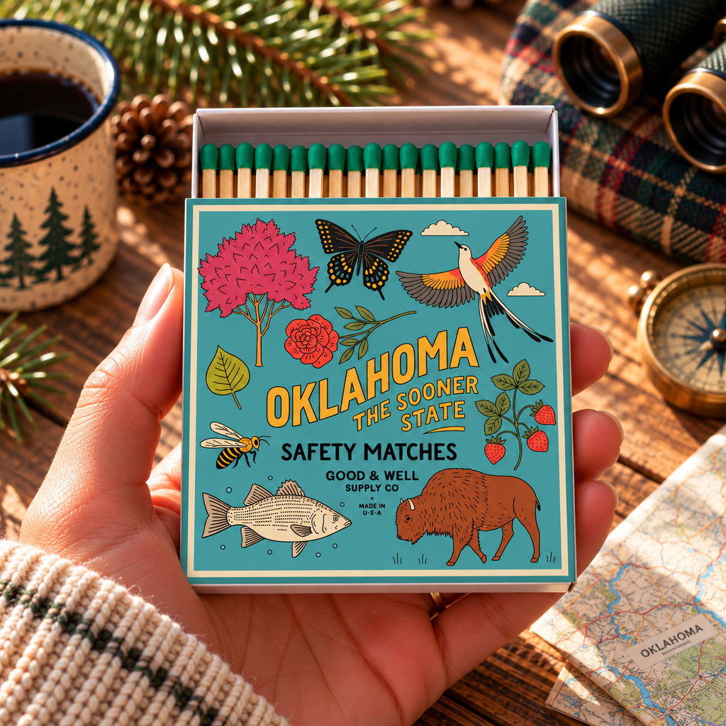 Oklahoma State Safety Matches | Illustrated State Matchbox | Sooner State Gift | Candle Matches | Made in USA