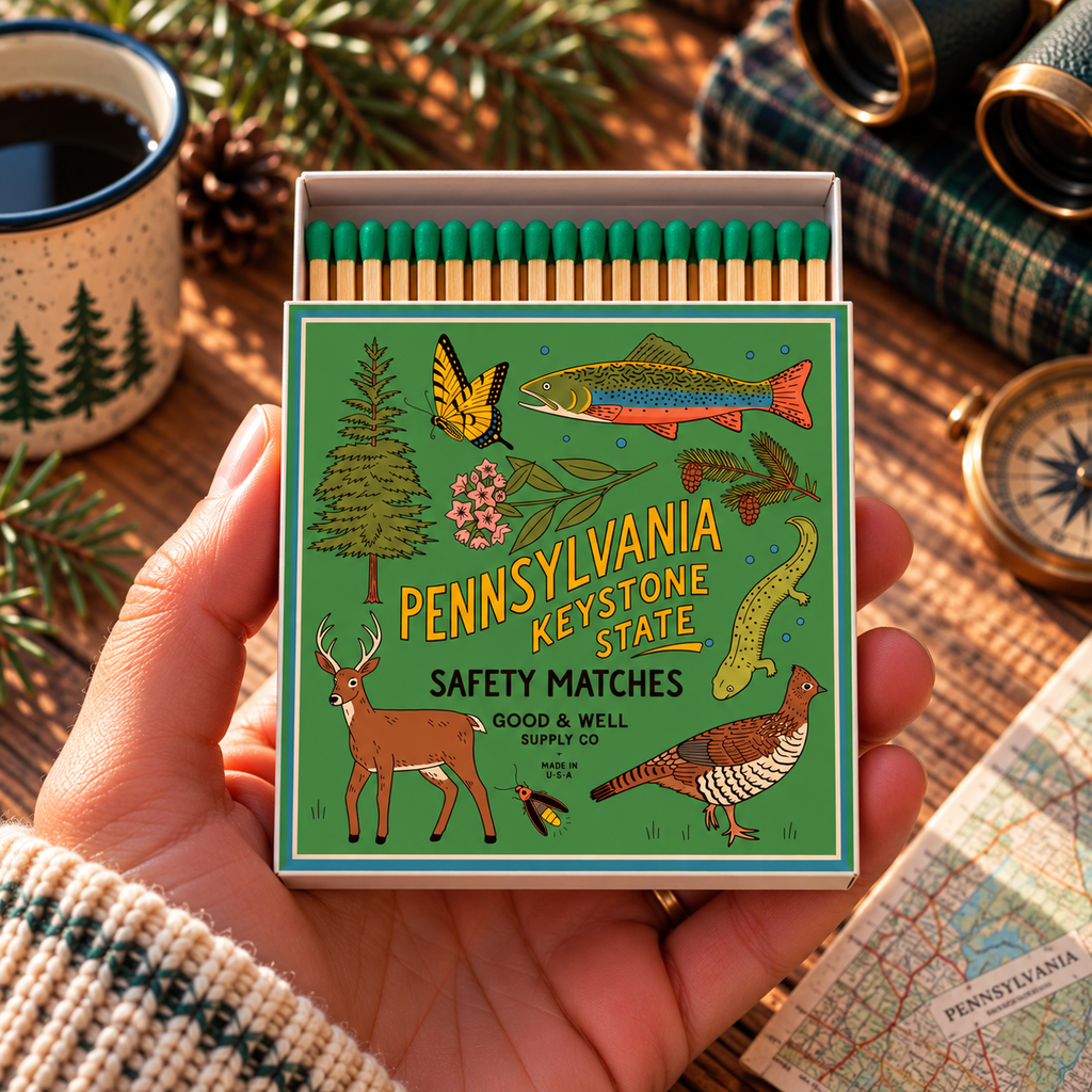 Pennsylvania State Safety Matches | Illustrated State Matchbox | Keystone State Gift | Candle Matches | Made in USA