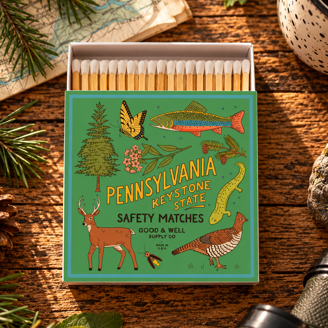 A box of Pennsylvania Keystone State safety matches sits open on a rustic wooden table, surrounded by pine needles, a pinecone, a ceramic mug, and binoculars. The matchbox cover features colorful illustrations of local wildlife and nature elements on a green background.