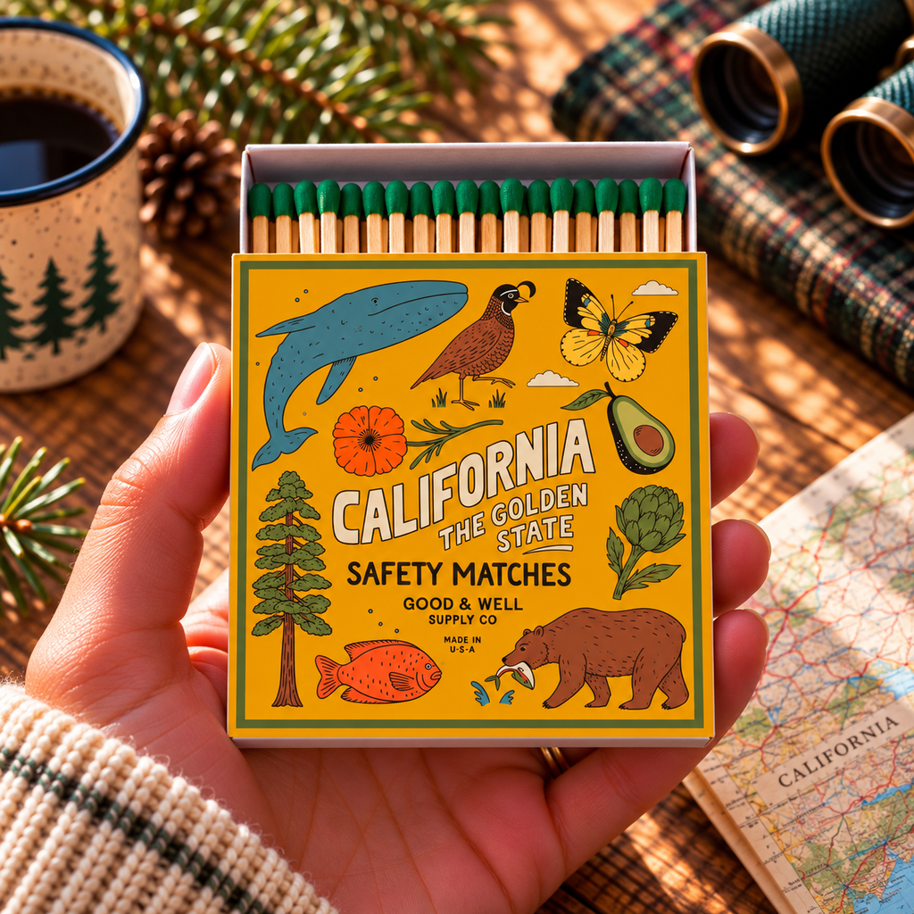 California State Safety Matches | Illustrated State Matchbox | Golden State Gift | Candle Matches | Made in USA