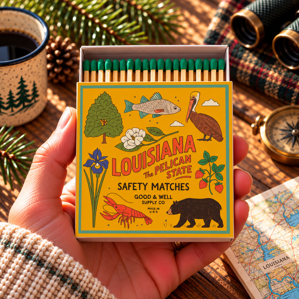 Louisiana State Safety Matches | Illustrated State Matchbox | Pelican State Gift | Candle Matches | Made in USA