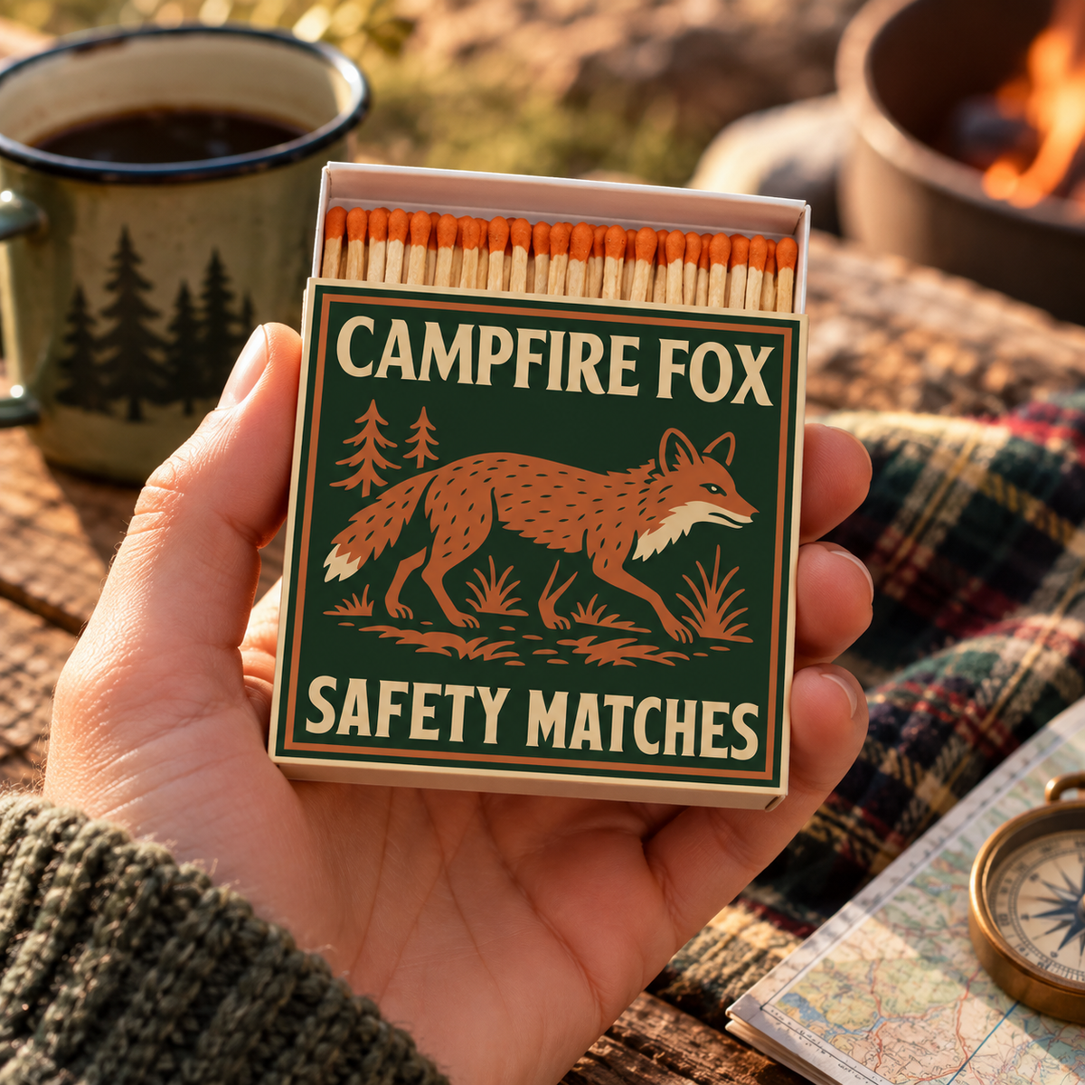 Campfire Fox Safety Matches | Camp Critters Matchbox | Woodland Candle Matches | Rustic Cabin Decor | Made in USA