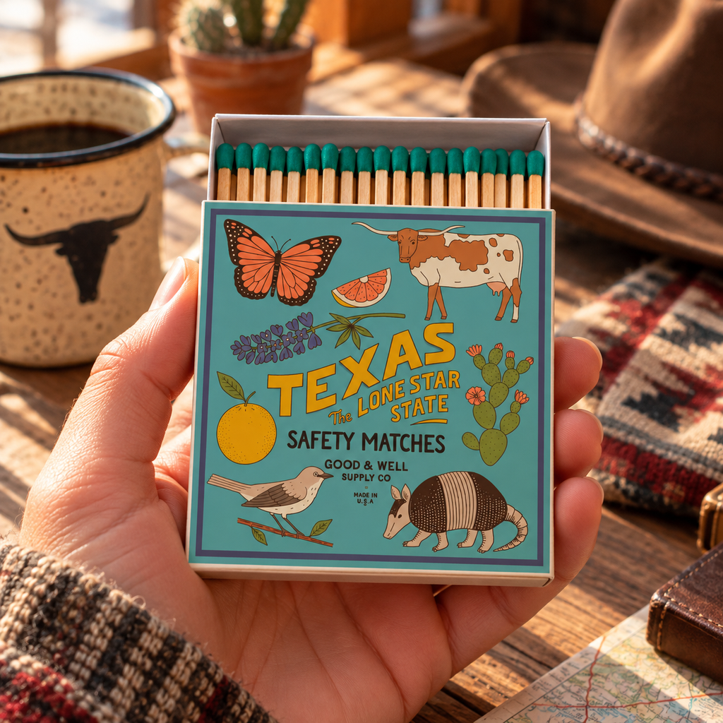 Texas State Illustrated Safety Matches | Wildflowers, Wildlife & Landmark Matchbox | Texas Gift | Candle Matches | Made in USA
