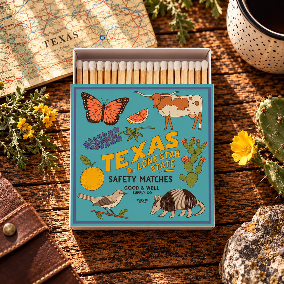 Texas State Illustrated Safety Matches | Wildflowers, Wildlife & Landmark Matchbox | Texas Gift | Candle Matches | Made in USA