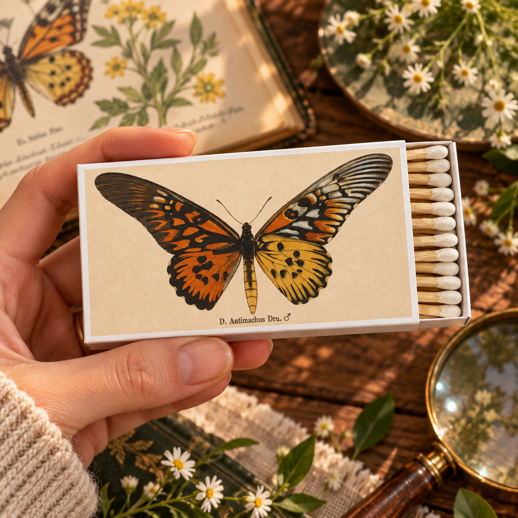 Butterfly Matchbox, Extra-Long Candle Matches, Entomology Gift, Natural History Décor