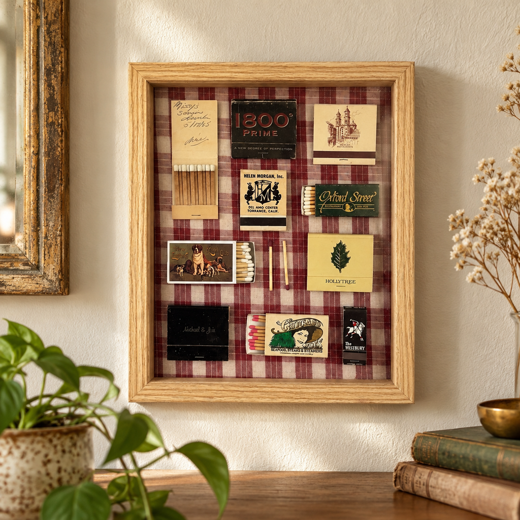 A framed vintage matchbox collage displayed on a wall in a styled room setting. The light wood frame contains various vintage matchboxes, matchbooks, and small photos arranged over a red-and-white gingham fabric background.