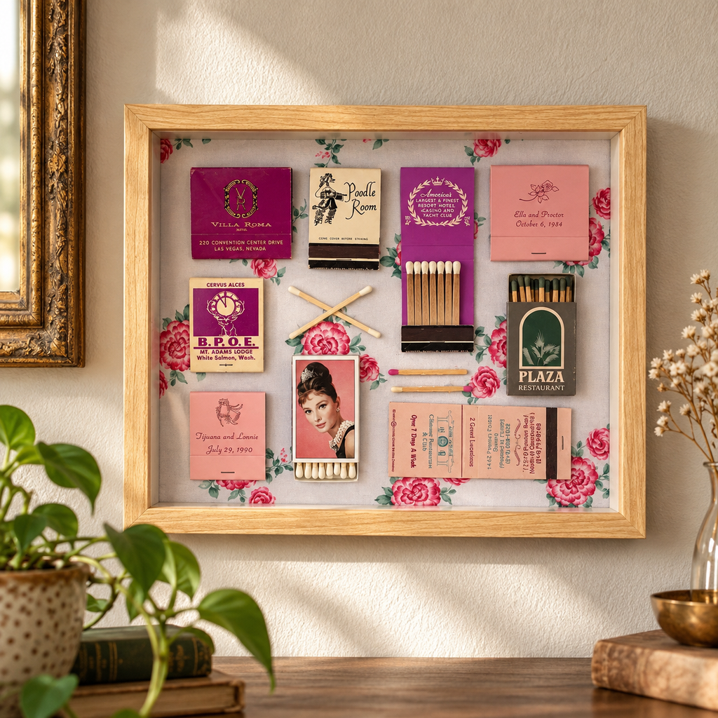 A framed collage of vintage matchboxes, matchsticks, and printed cards arranged inside a light wood shadowbox frame, hung on a beige wall above a wooden surface with plants and decor visible.