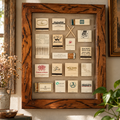 A rustic wooden shadow box display mounted on a wall, featuring vintage matchbooks, business cards, and small matches arranged inside a clear glass case. The display is styled in a warm, sunlit room with dried flowers and a green plant nearby.