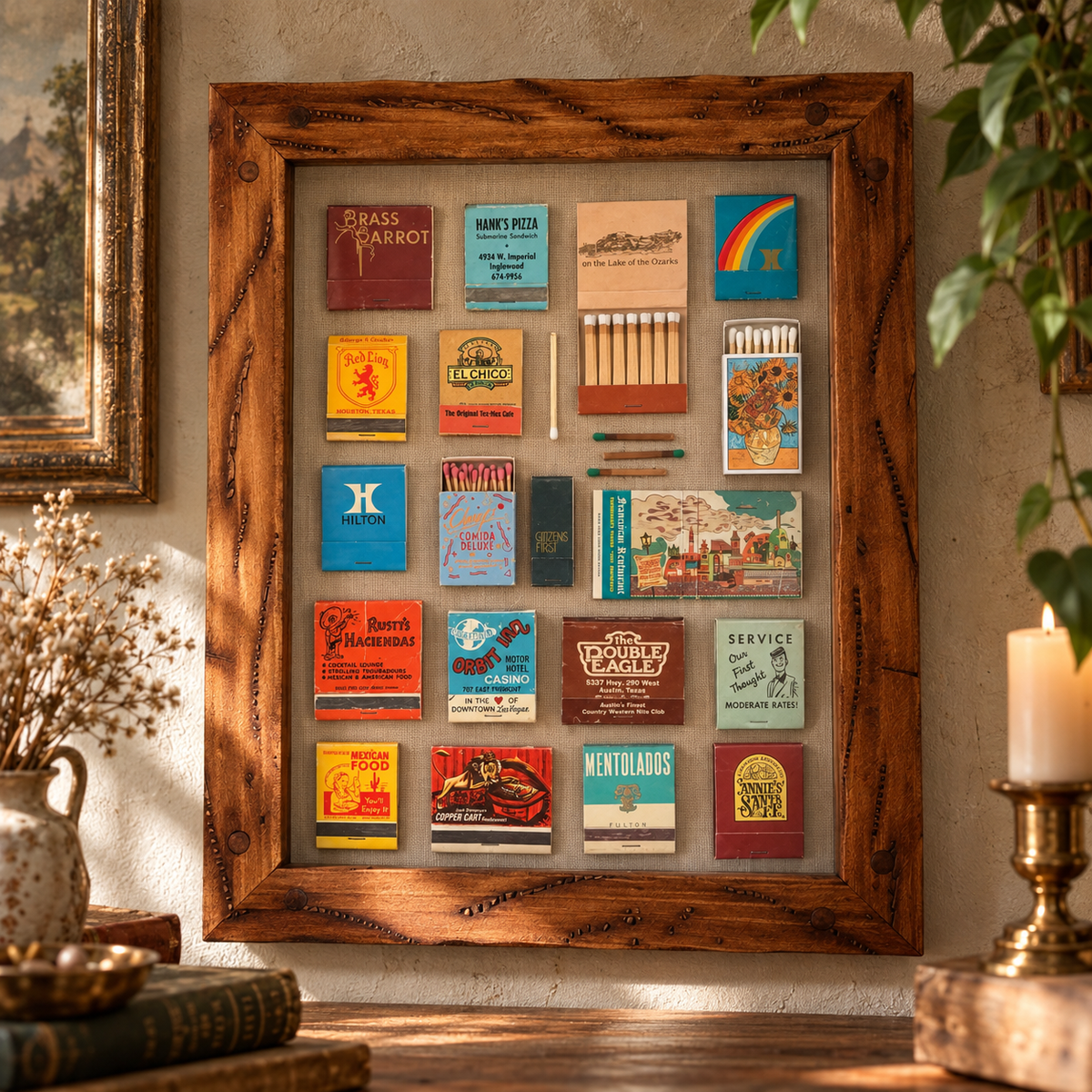 A rustic wooden framed collage of vintage matchbook covers and small match-related items displayed on a shelf in a warmly lit room with candles, books, and dried flowers.