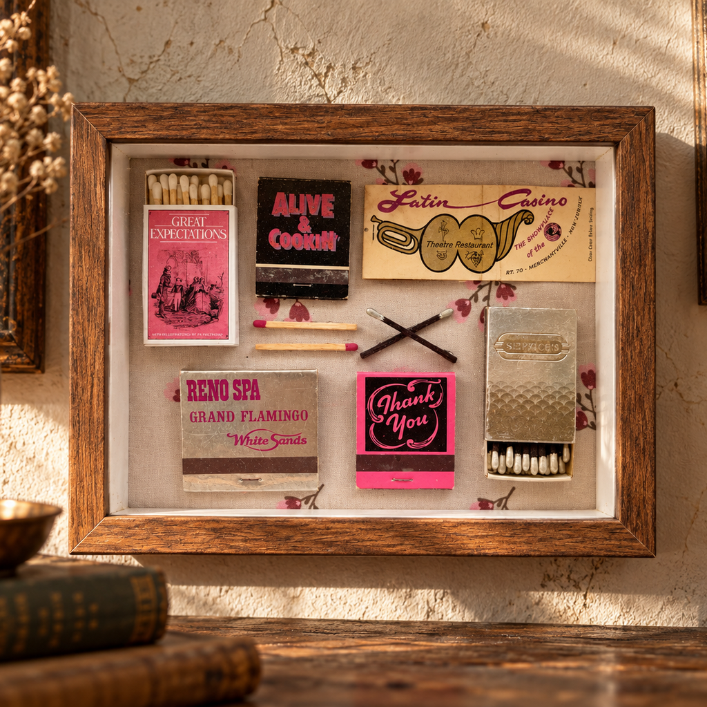 A framed collage of vintage matchbooks, matchsticks, and small decorative items displayed on a wooden surface against a textured wall. The framed piece includes visible text such as 'Grége Encantados', 'Alive & Cookin'', 'Latin Casino', 'Reno Spa Grand Flaminco', and 'Thank You'.
