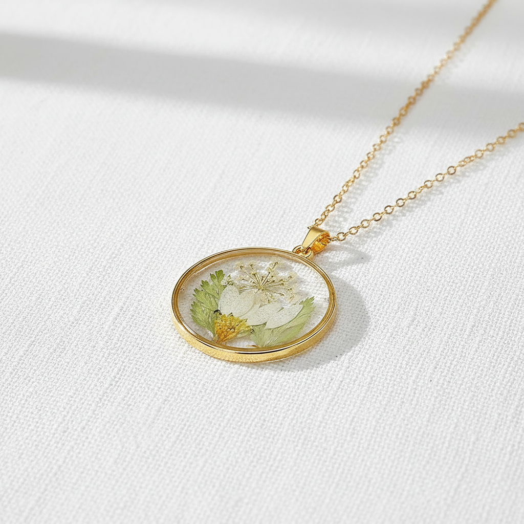 Real Dried Flower Disc Necklace, Botanical Resin Pendant Jewelry, Nature Inspired Gift for Her