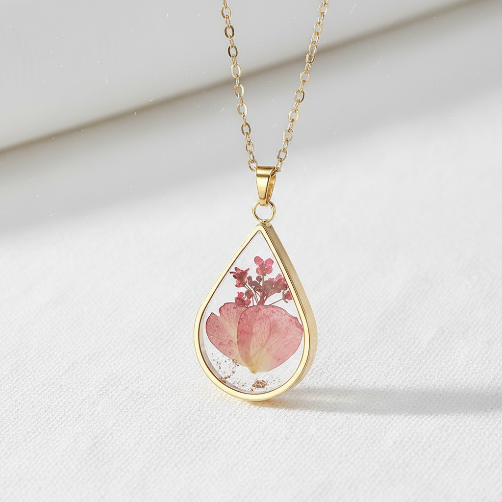 Teardrop Handmade Preserved Floral Specimen Pendant Necklace, Botanical Resin Jewelry, Gift for Her