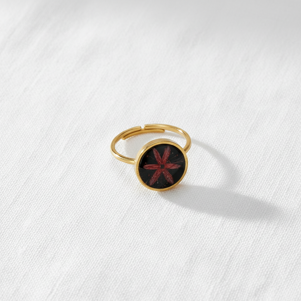Black Dried Flower Adjustable Ring, Geometric Botanical Resin Jewelry, Nature Inspired Gift for Her