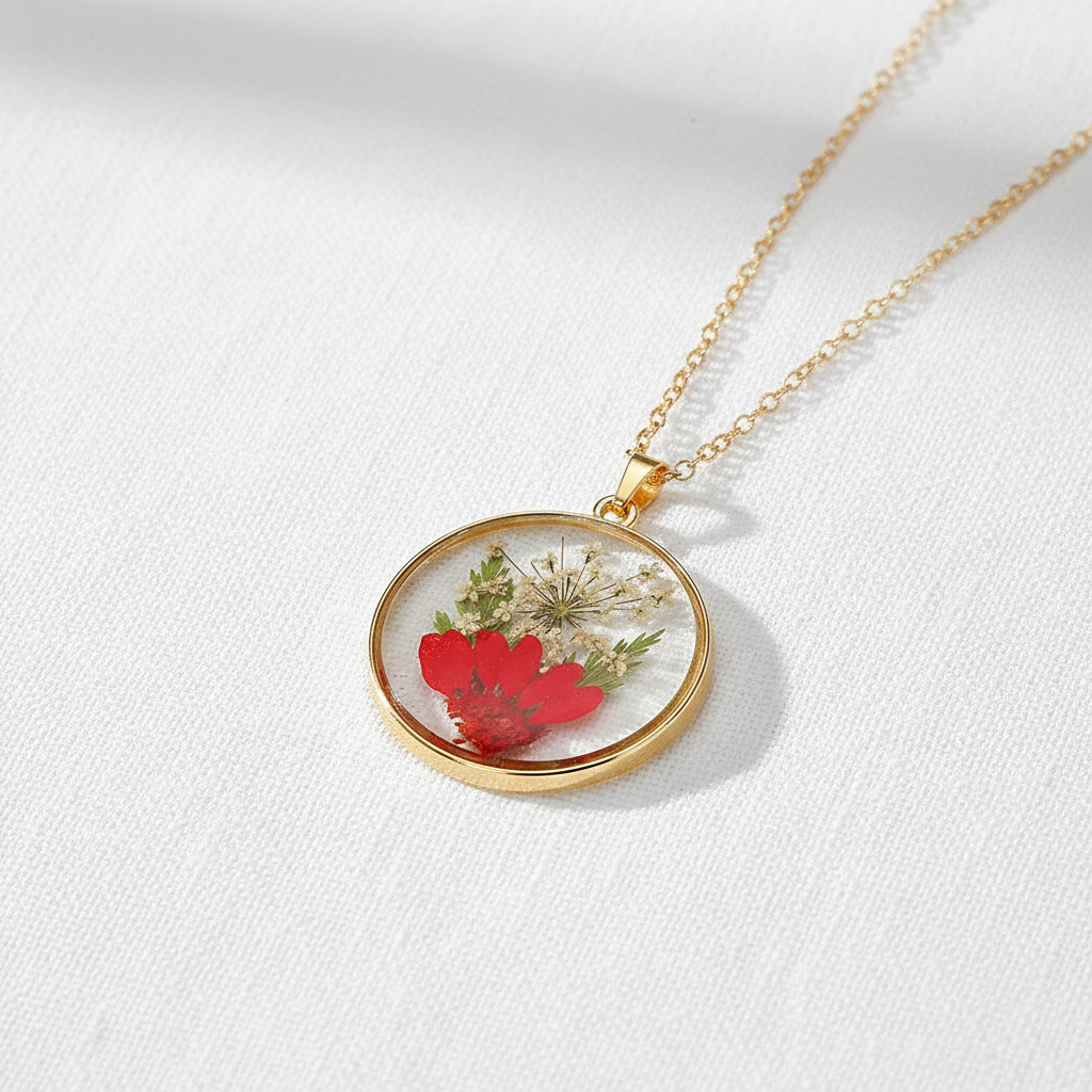 Real Dried Flower Disc Necklace, Botanical Resin Pendant Jewelry, Nature Inspired Gift for Her