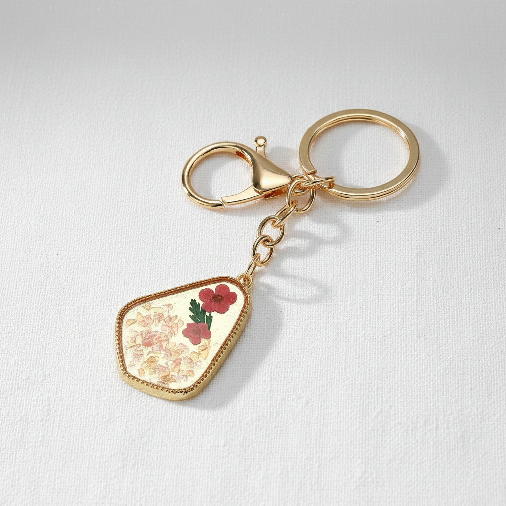 Preserved Flower and Stone Keychain Charm, Geometric Botanical Resin Accessory, Nature Inspired Gift