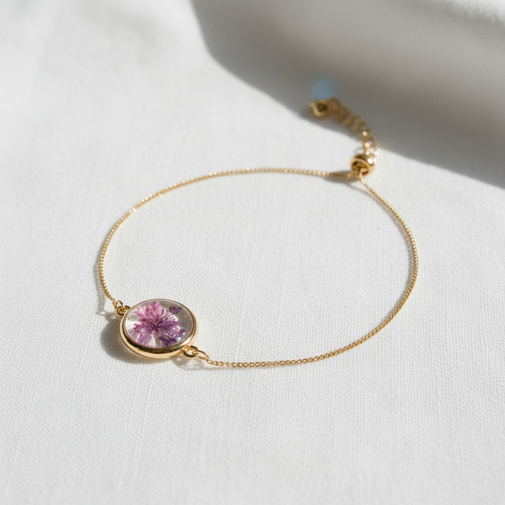 Dried Flower Disc Adjustable Slider Bracelet, Botanical Resin Jewelry, Nature Inspired Bracelet, Gift for Her