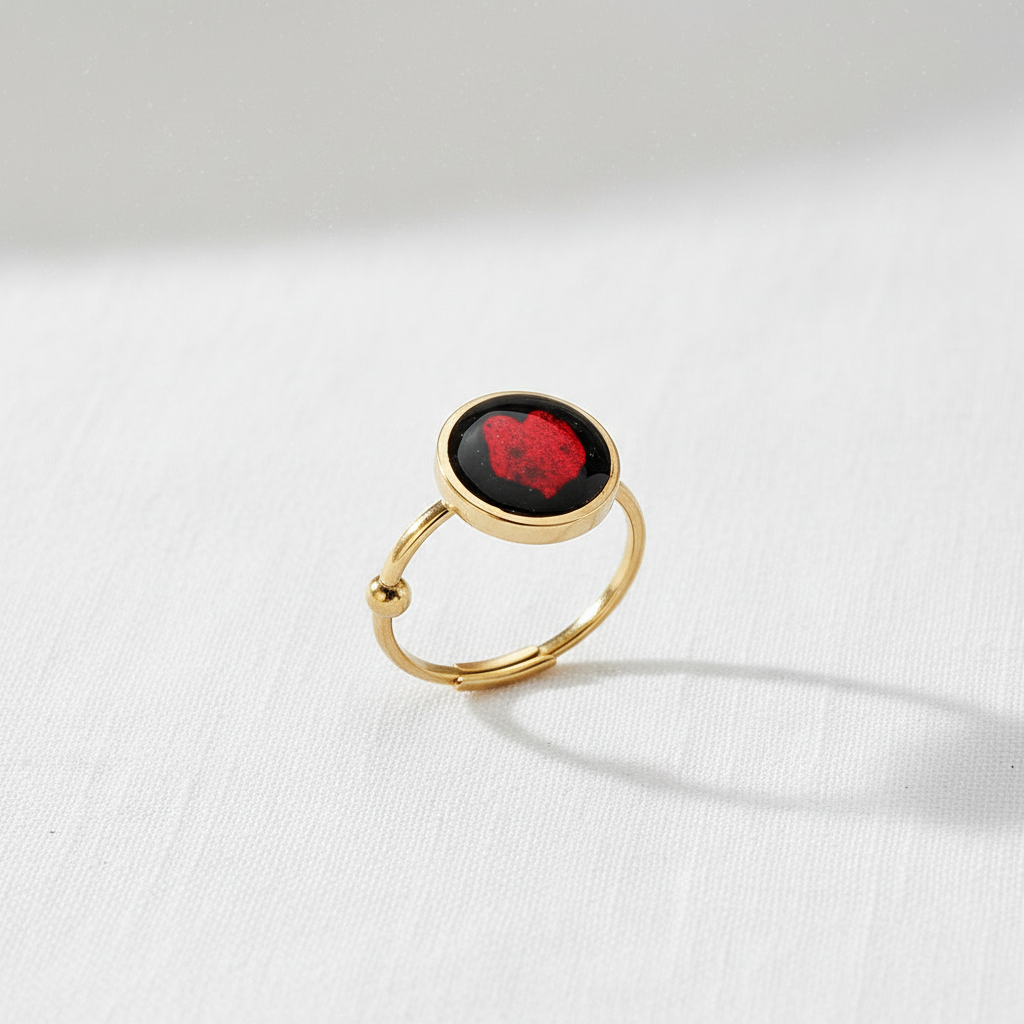 Black Dried Flower Adjustable Ring, Geometric Botanical Resin Jewelry, Nature Inspired Gift for Her