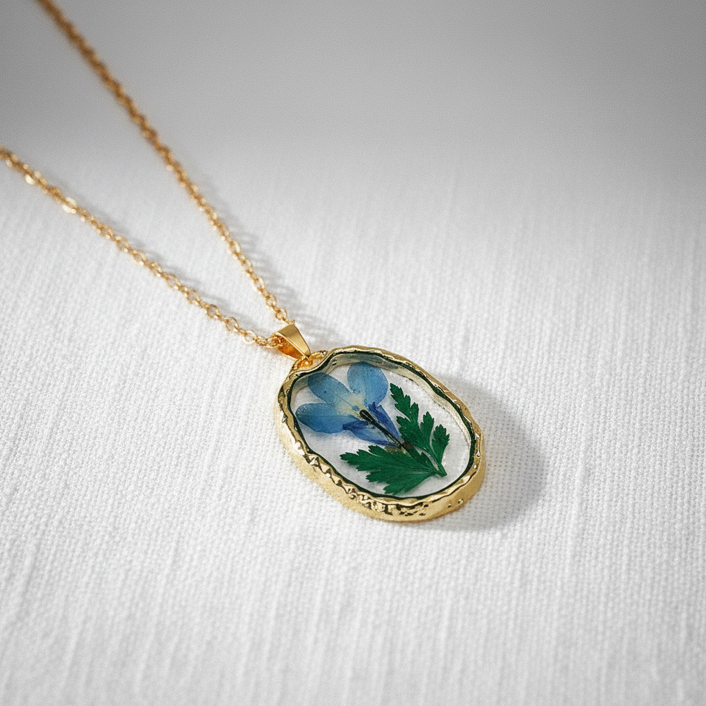 Preserved Botanical Oval Necklace, Real Dried Flower Resin Pendant, Nature Inspired Floral Jewelry, Gift for Her