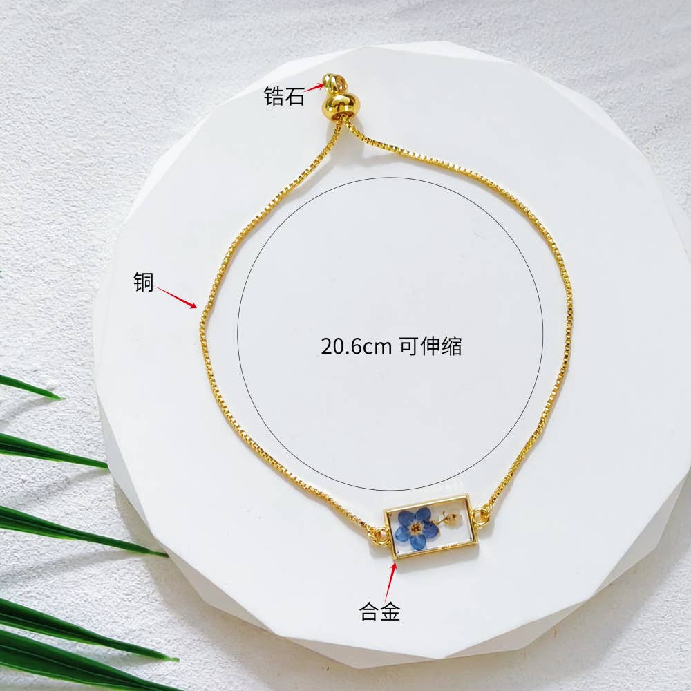 Encased Forget-Me-Not Adjustable Slider Bracelet, Floral Resin Jewelry, Botanical Gift for Her