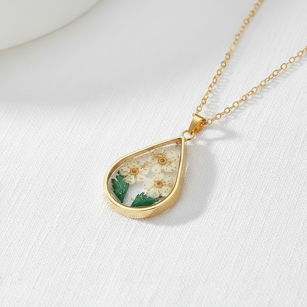 Teardrop Handmade Preserved Floral Specimen Pendant Necklace, Botanical Resin Jewelry, Gift for Her