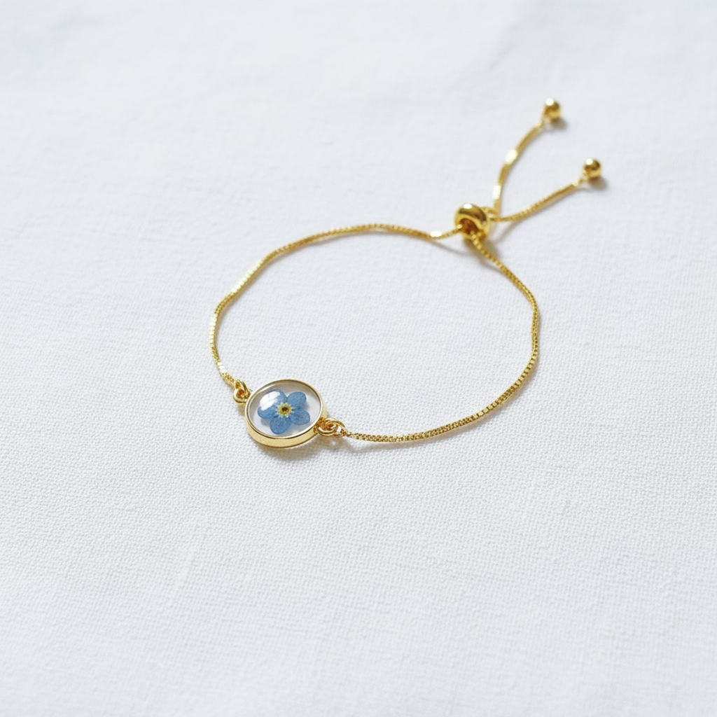 Encased Forget-Me-Not Adjustable Slider Bracelet, Floral Resin Jewelry, Botanical Gift for Her