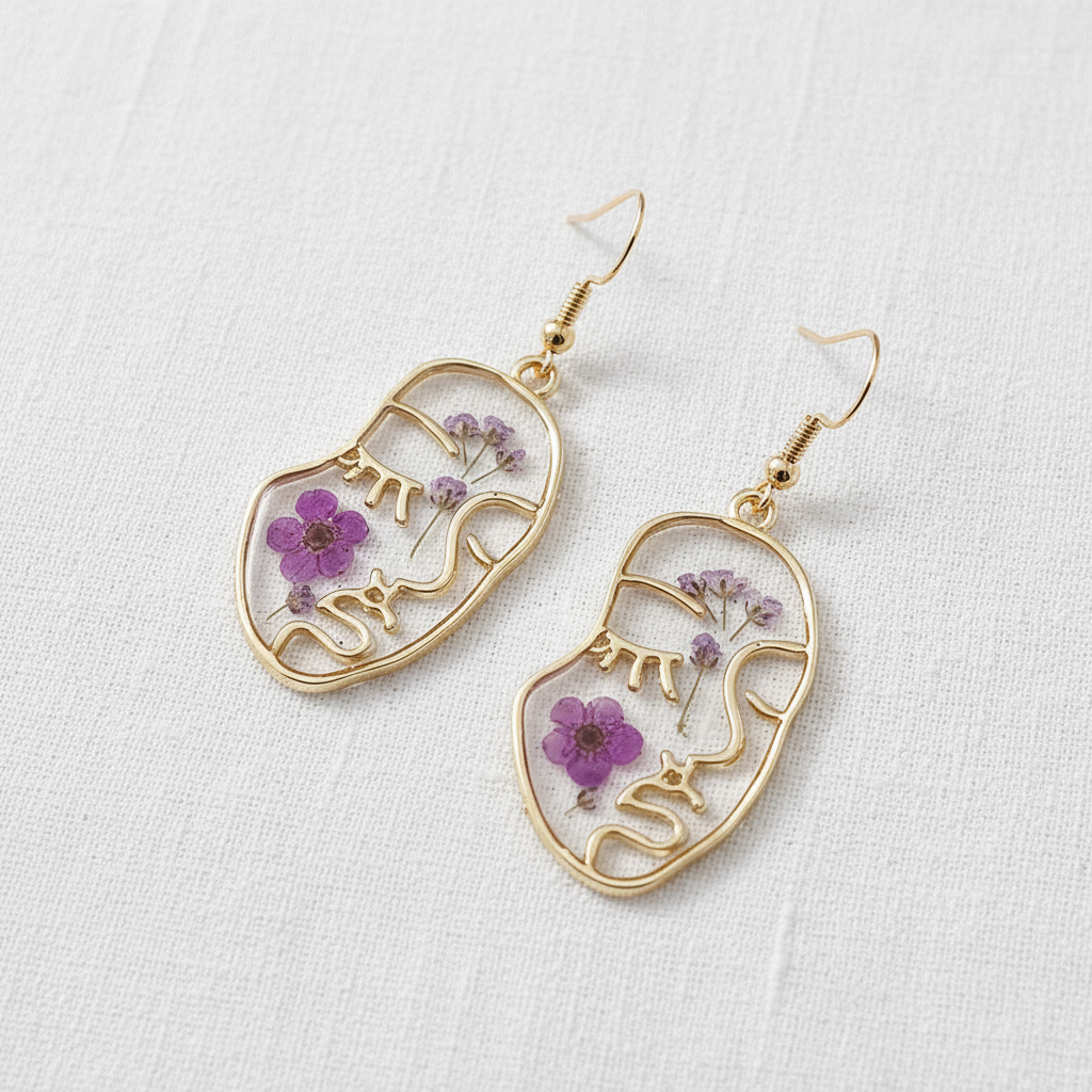 Face Silhouette Drop Earrings, Botanical Resin Earrings, Dried Flower Nature Jewelry