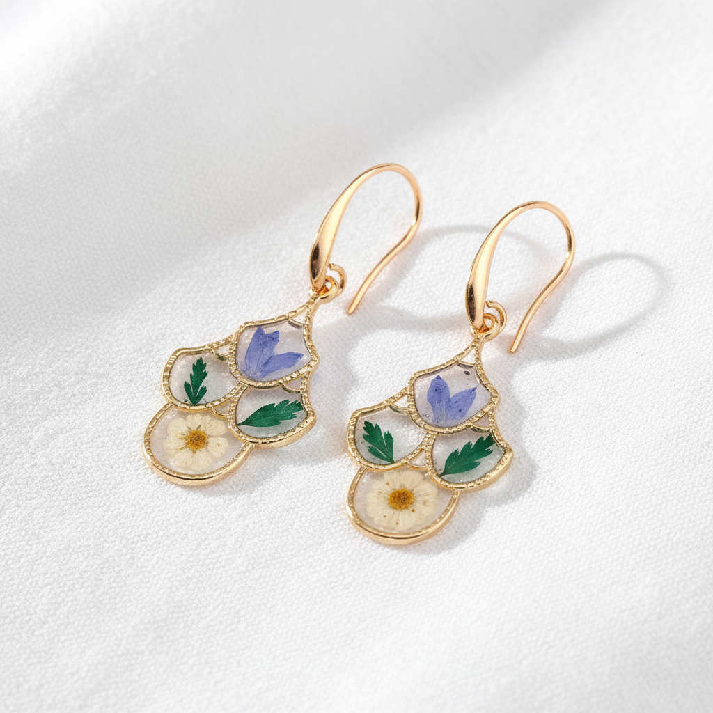 Blue Dried Flower Resin Earrings, Botanical Floral Dangle Earrings, Nature Inspired Gift for Her
