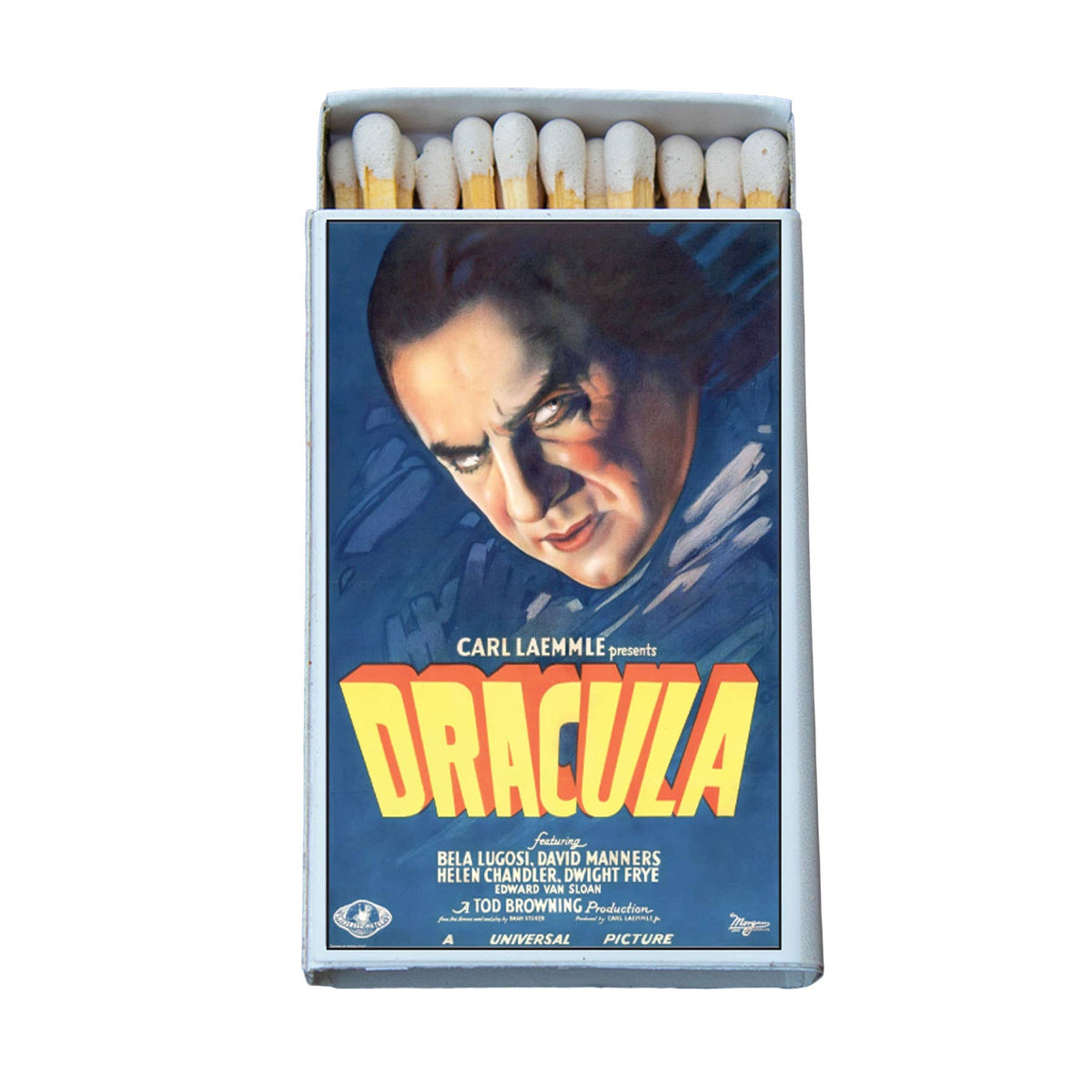 Matchbox with 'Dracula' movie poster design featuring Bela Lugosi.