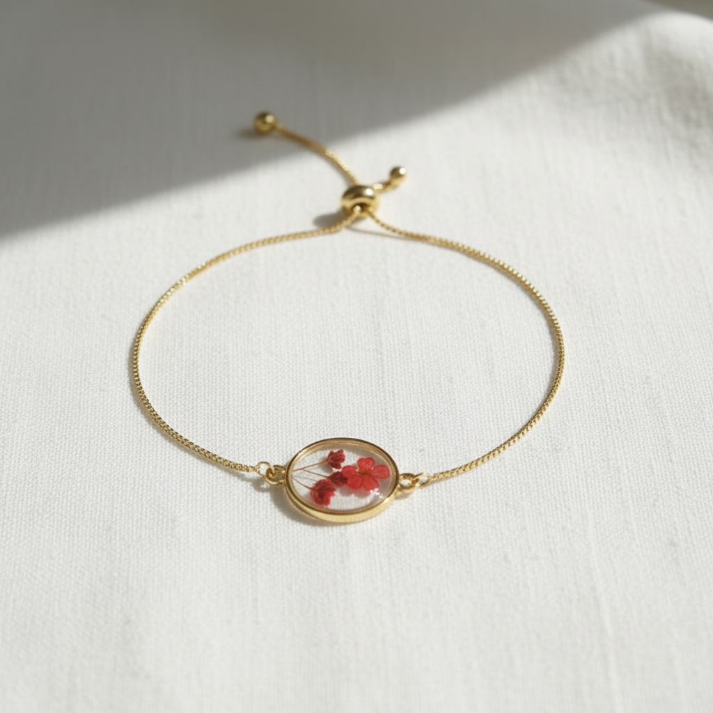 Dried Flower Disc Adjustable Slider Bracelet, Botanical Resin Jewelry, Nature Inspired Bracelet, Gift for Her