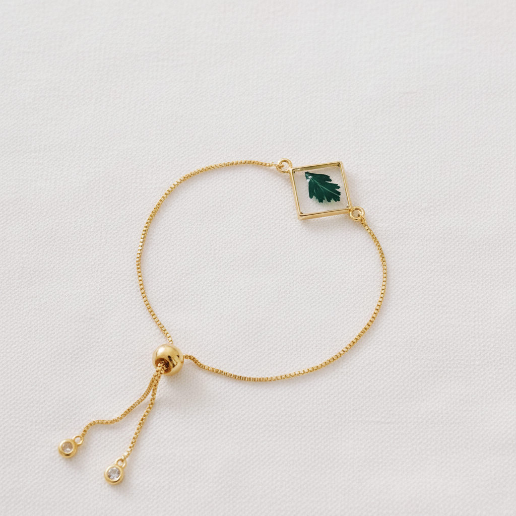 Geometric Botanical Leaf Slider Bracelet, Preserved Dried Flower Jewelry, Adjustable Nature Inspired Bracelet