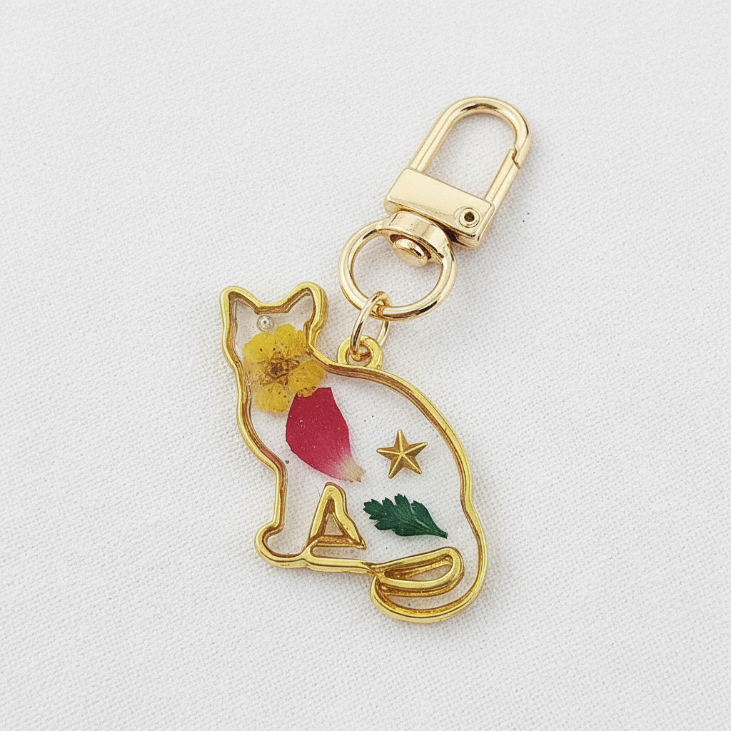 Cat Shaped Botanical Keychain, Preserved Floral Resin Charm, Nature Inspired Gift for Cat Lovers